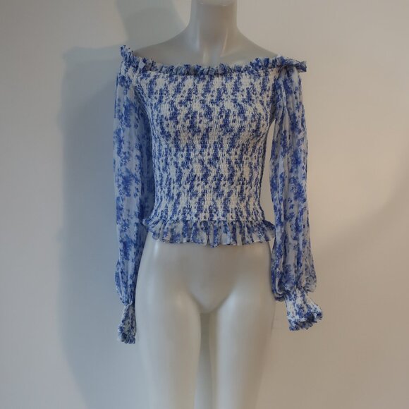 Womens Caroline Constas Blue White Pure Silk Off Shoulder Smocked Blouse Top XS - Picture 1 of 13